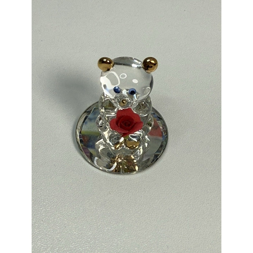 Mini Glass Bear Figurine with Red Rose Clear Crystal 1"